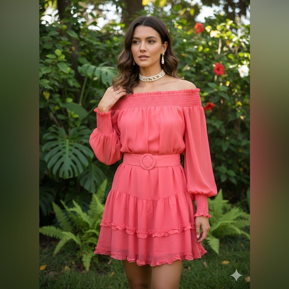 NWT BCBGeneration Belted Off Shoulder Coral Ruched Neckline/Wrists Lined Size 6
